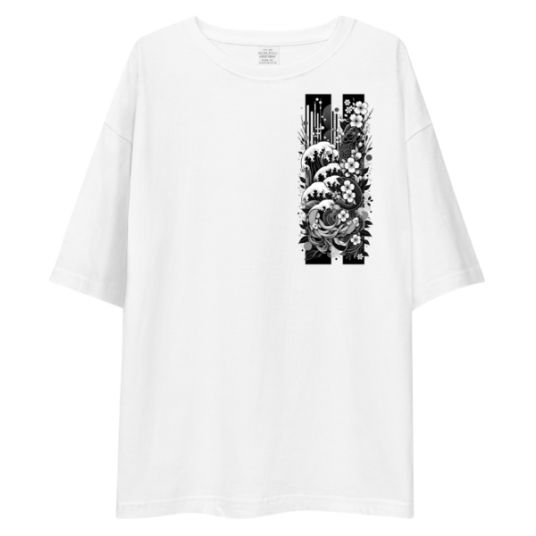 Drop Shoulder Oversize T Shirt (White) ?  Monochrome Harmony: Koi & Cherry Blossoms